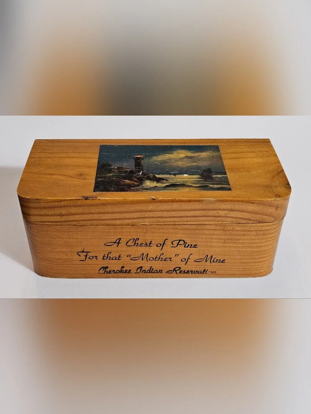 ​Vtg 1949 Cherokee Indian Reservation Pine Wood Box Lighthouse Mother Souvenir